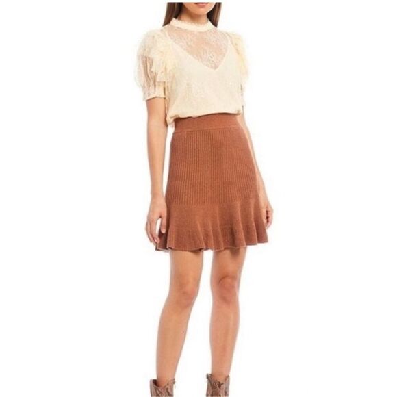 Free People Brown Solid Gold Ribbed Knit Skirt - Picture 3 of 6